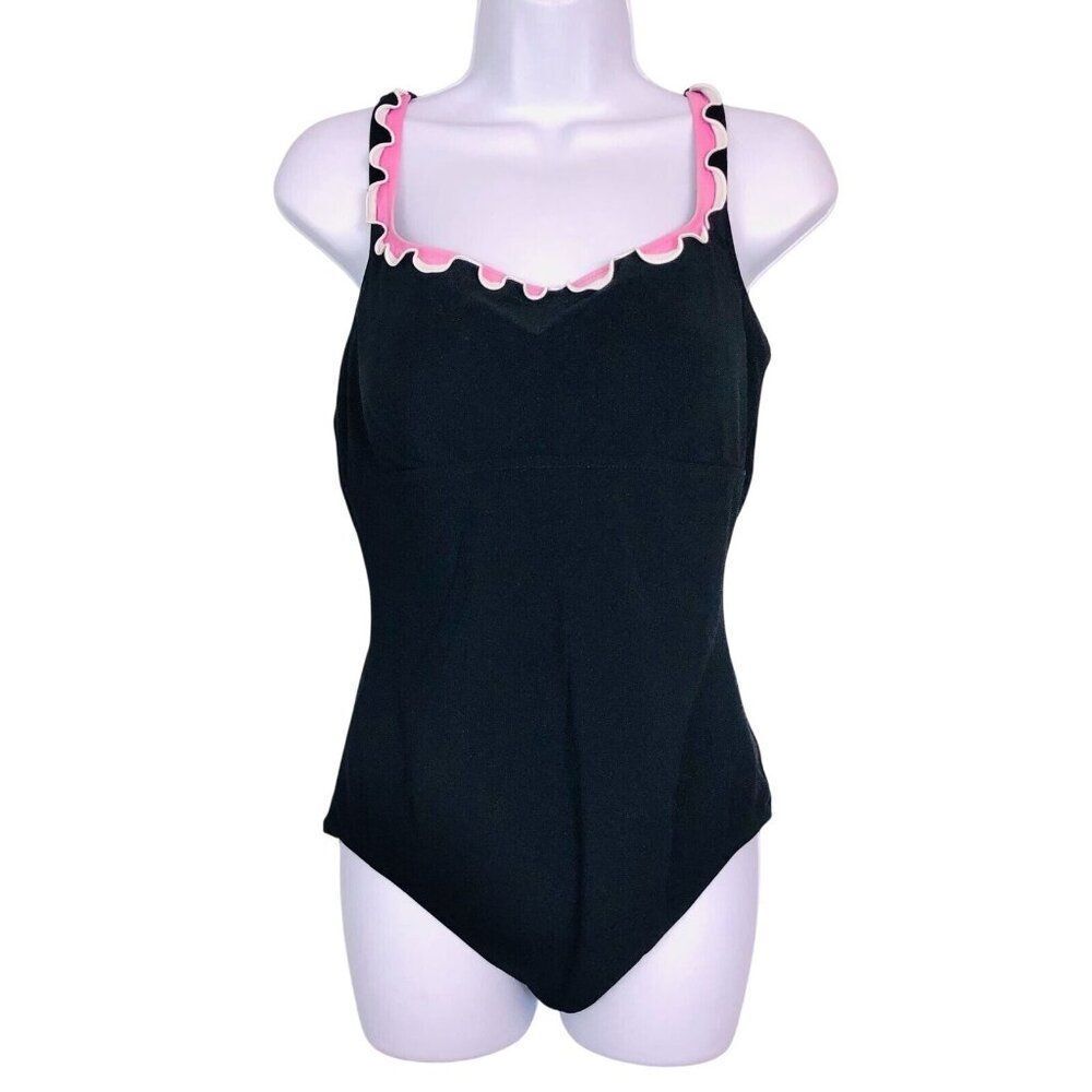 Profile Women Bathing Suit SZ 14 Black Pink White One Piece Ruffled Neckline